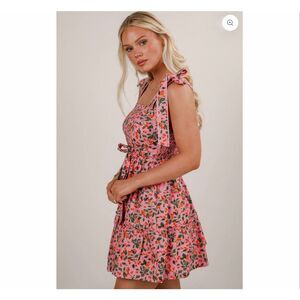 NWT &Merci Cherry Orange Dress Medium Pink Tiered Floral Smocked Tie Shoulder M